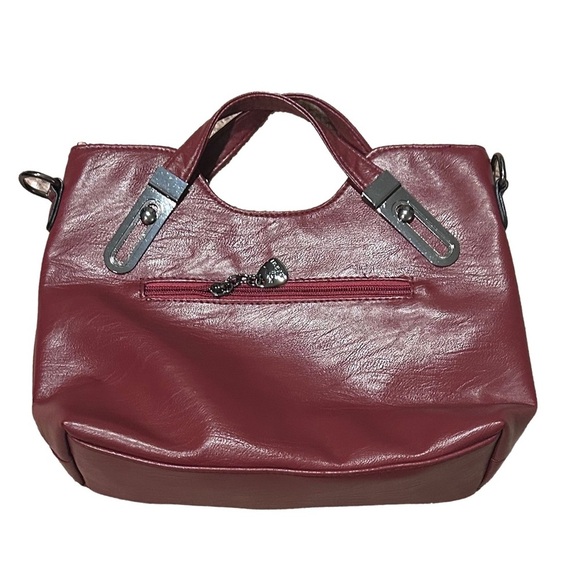 NWOT Jingpin Burgundy Red Faux Leather Handbag Silver Hardware Maroon Purse - Picture 3 of 10